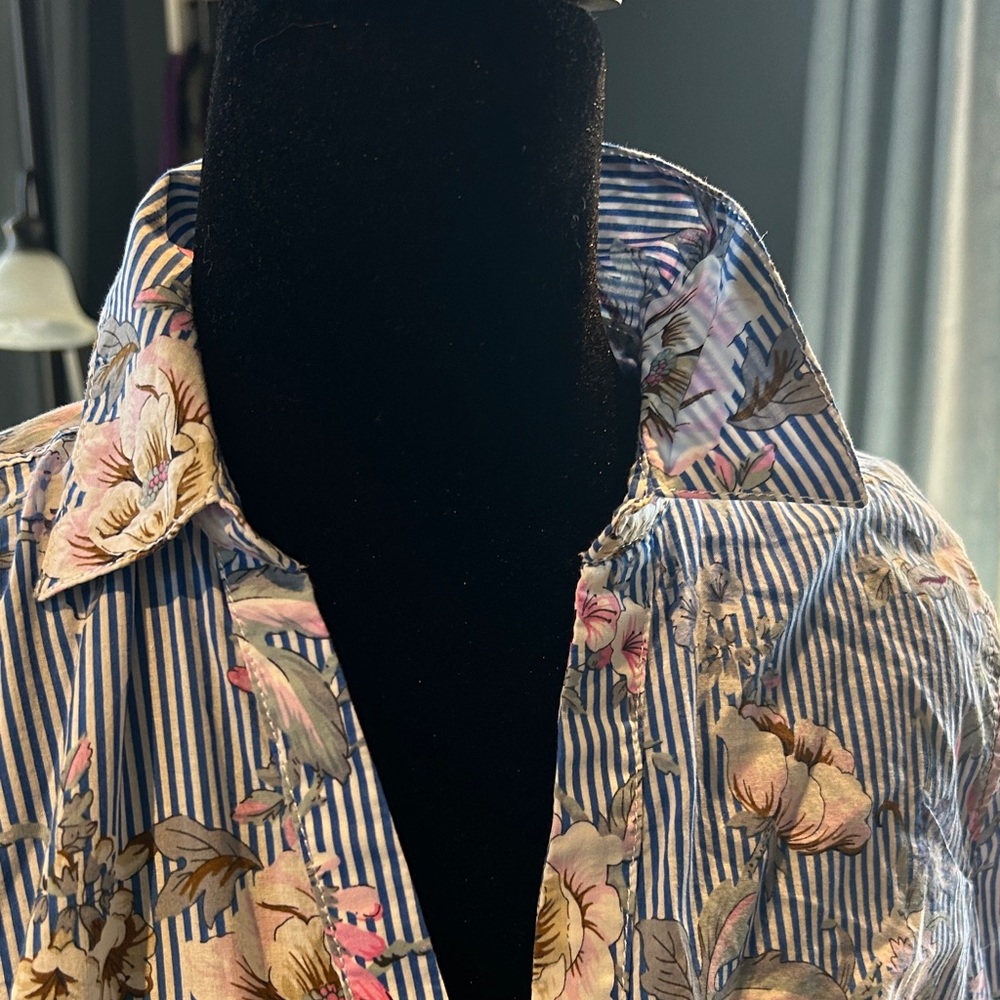 Talbots Blue and White Striped Button-Down Shirt with Pink Floral Print - Picture 3 of 4